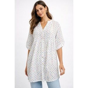 Club Z Collection Blouse M White Cotton Multicolor Dot Button Front Casual